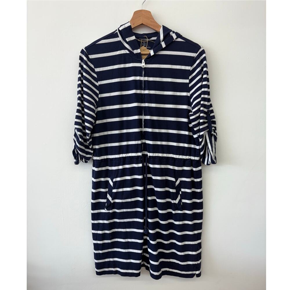 Lands End Full Zip Hoodie Drawstring Dress Navy White Stripe Cotton Medium